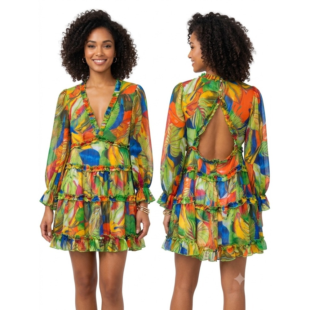 Live 4 Truth Tropical Print Tiered Ruffle Mini Dress Open Back Multicolor Medium